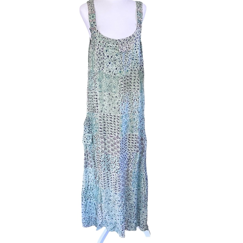 Vintage 90s Blue Sky Patchwork Embroidered Jumper Dress Indian Rayon Size Medium